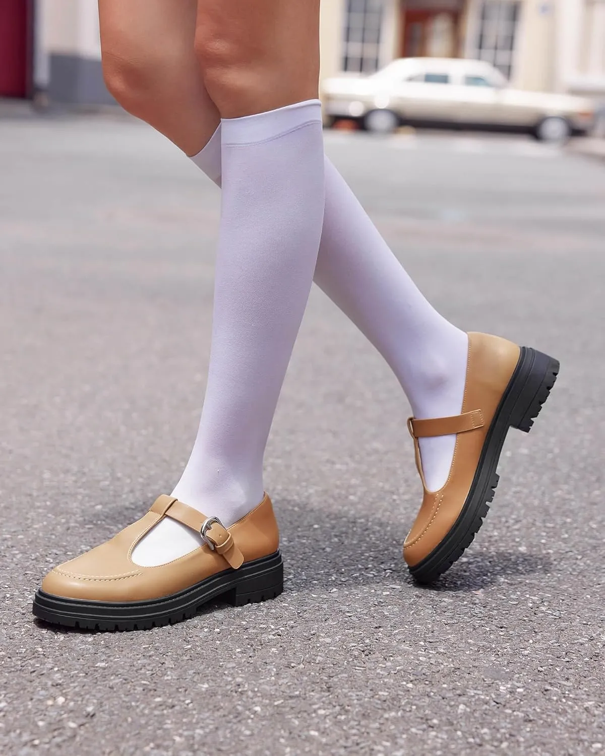 Coutgo Women's Platform Loafers T Strap Chunky Low Heel Buckle Strap Mary Jane Comfortable Casual Office Shoes
