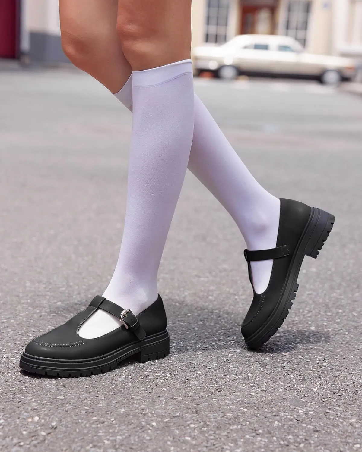 Coutgo Women's Platform Loafers T Strap Chunky Low Heel Buckle Strap Mary Jane Comfortable Casual Office Shoes