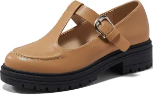 Coutgo Women's Platform Loafers T Strap Chunky Low Heel Buckle Strap Mary Jane Comfortable Casual Office Shoes