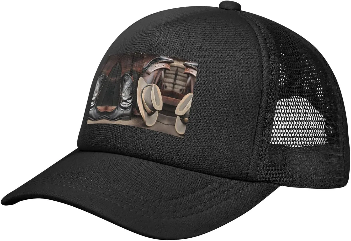 Cowboy Black Hat Western Boots Black Breathable Quick Dry Baseball Cap - Adjustable Mesh Golf Cap, Outdoor Sports Sun Hat,