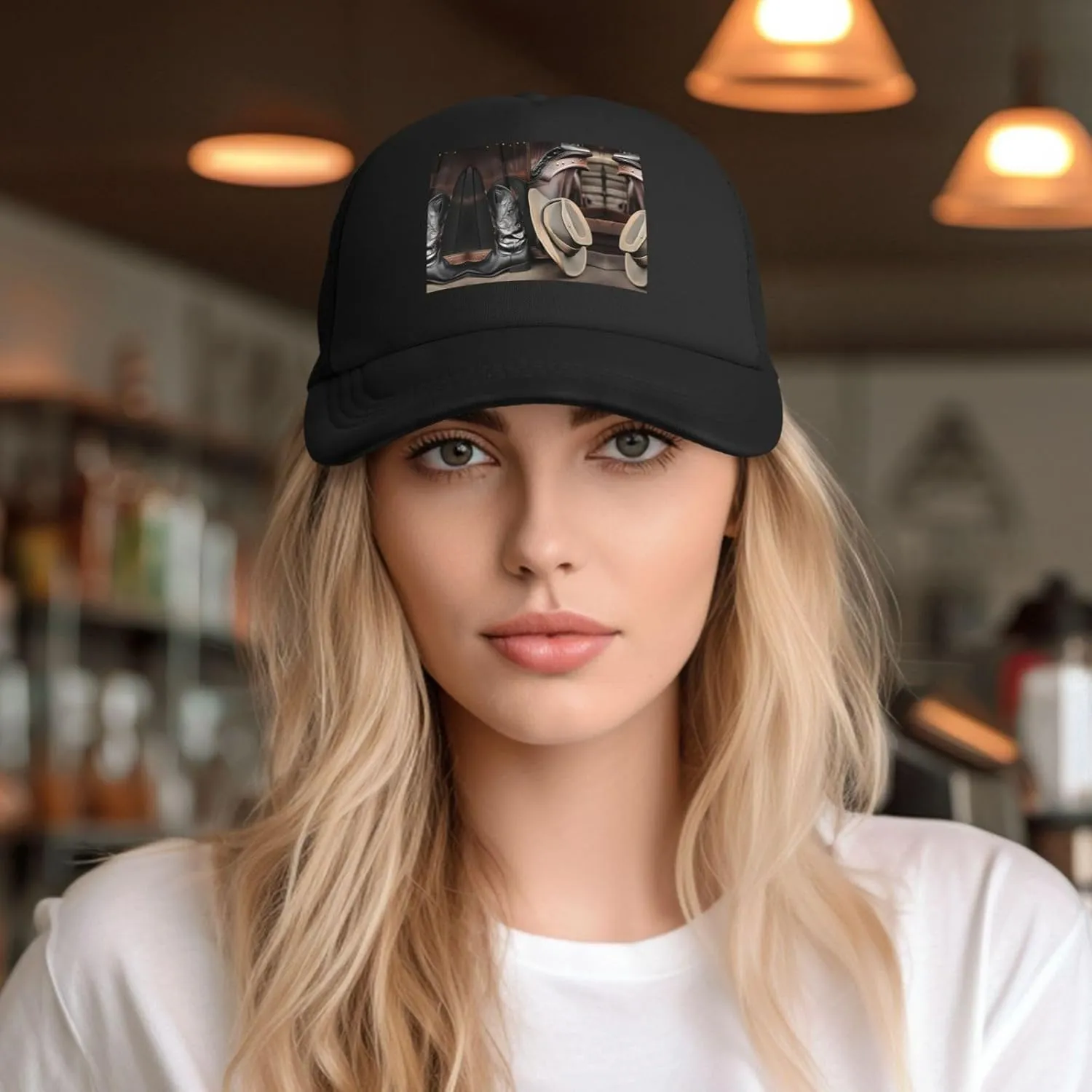 Cowboy Black Hat Western Boots Black Breathable Quick Dry Baseball Cap - Adjustable Mesh Golf Cap, Outdoor Sports Sun Hat,