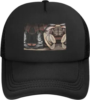 Cowboy Black Hat Western Boots Black Breathable Quick Dry Baseball Cap - Adjustable Mesh Golf Cap, Outdoor Sports Sun Hat,