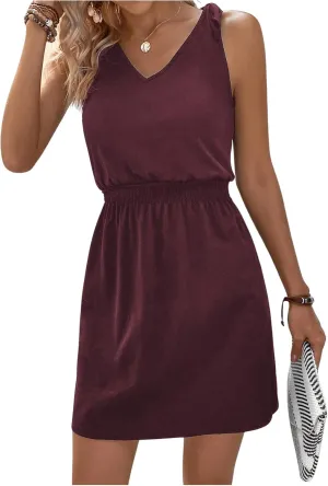 COZYEASE Women's Tie Shoulder A Line High Waist A Line Dress Sleeveless V Neck Solid Short Dresses