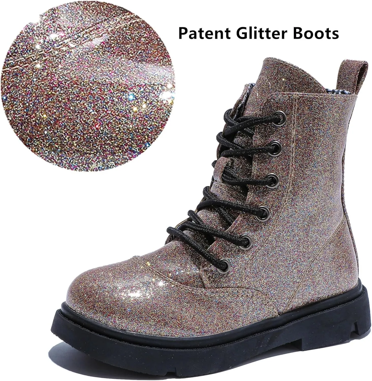 DADAWEN Boys Girls Waterproof Lace Up Glitter Mid Calf Combat Boots With Side Zipper for Toddler/Little Kid/Big Kid