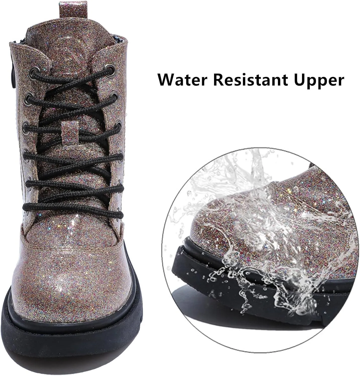 DADAWEN Boys Girls Waterproof Lace Up Glitter Mid Calf Combat Boots With Side Zipper for Toddler/Little Kid/Big Kid