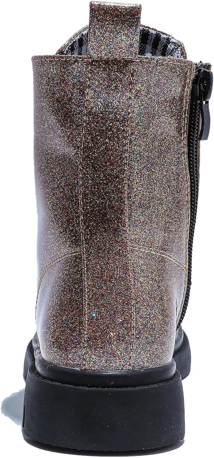 DADAWEN Boys Girls Waterproof Lace Up Glitter Mid Calf Combat Boots With Side Zipper for Toddler/Little Kid/Big Kid