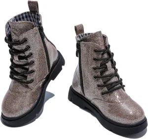 DADAWEN Boys Girls Waterproof Lace Up Glitter Mid Calf Combat Boots With Side Zipper for Toddler/Little Kid/Big Kid