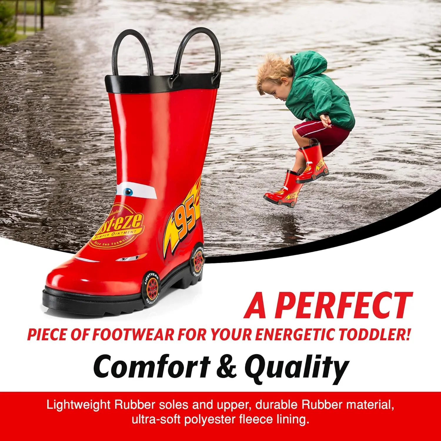 Disney Cars Lightning McQueen Rust-eze Boys' Red Waterproof Easy-On Rubber Rain Boots