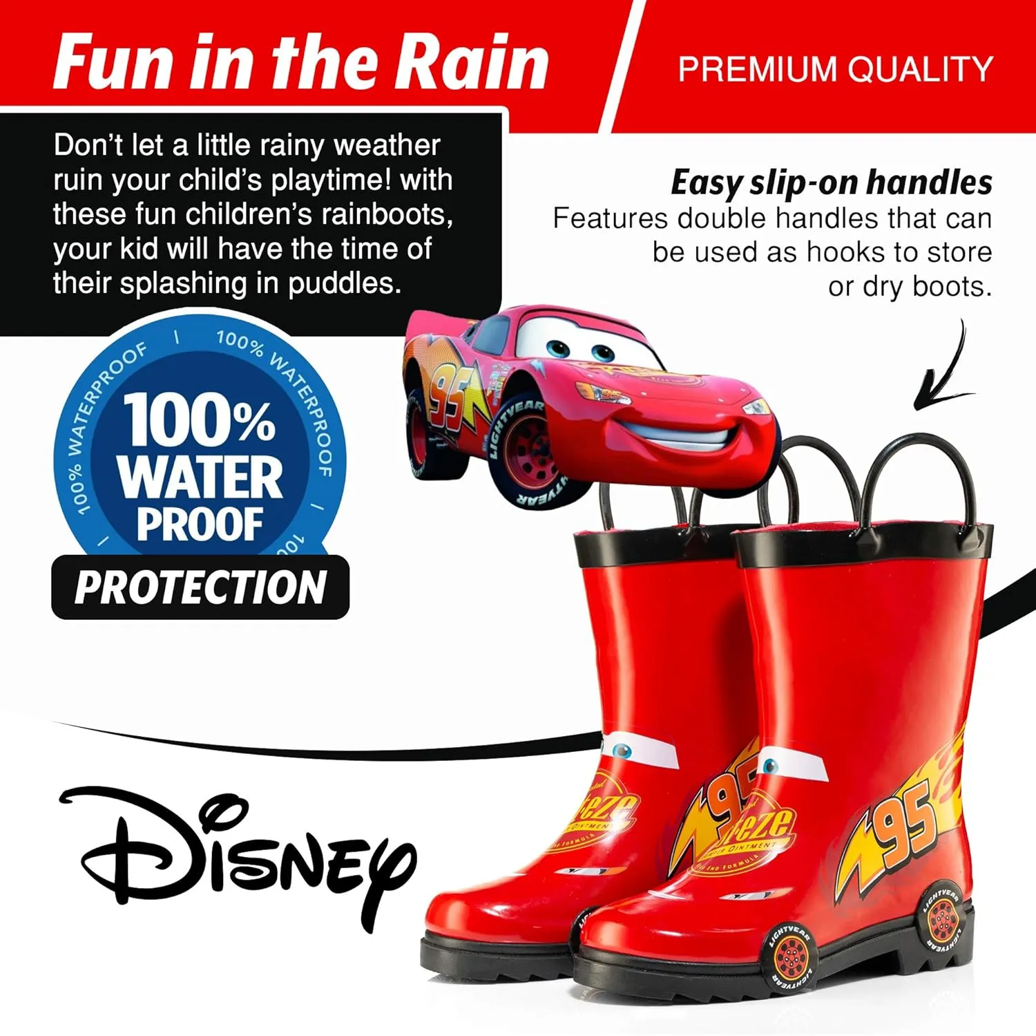 Disney Cars Lightning McQueen Rust-eze Boys' Red Waterproof Easy-On Rubber Rain Boots