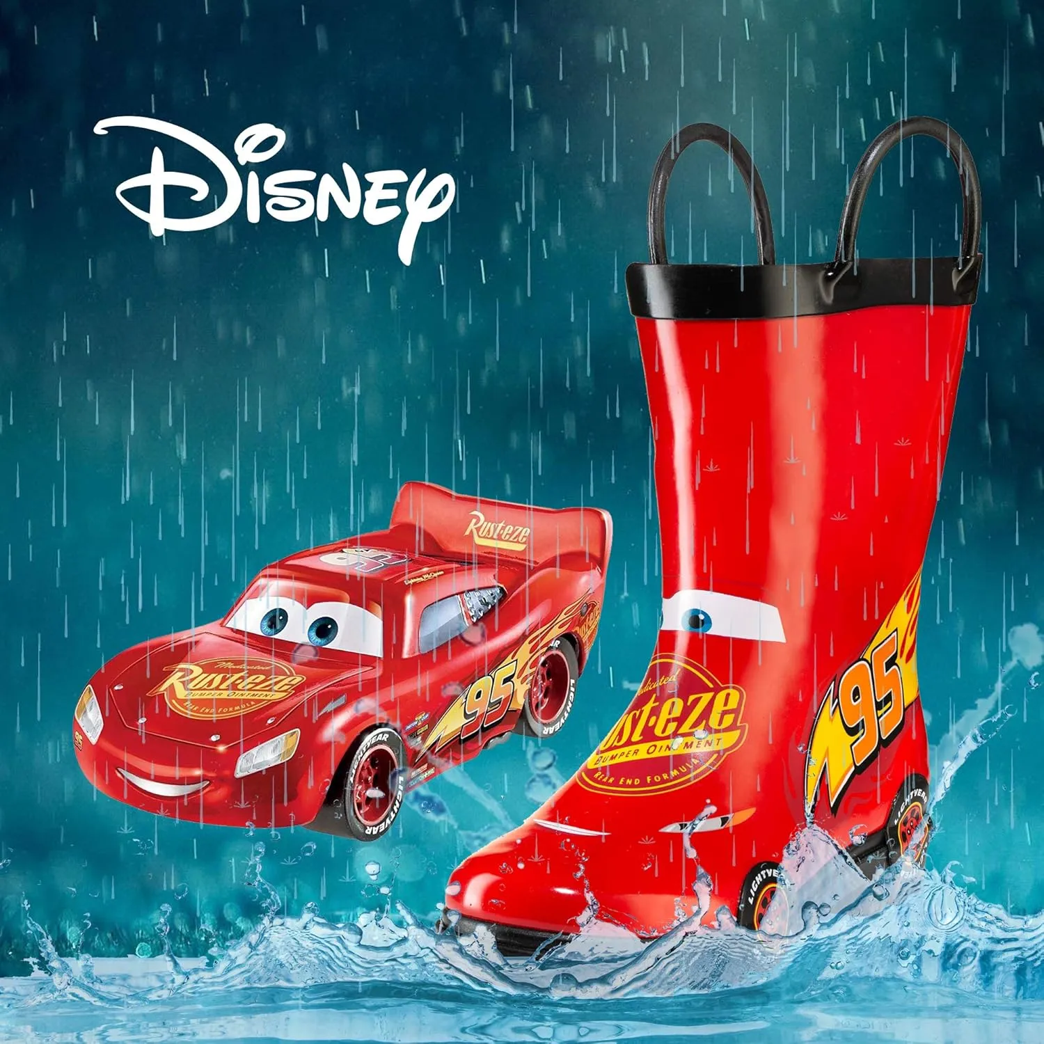 Disney Cars Lightning McQueen Rust-eze Boys' Red Waterproof Easy-On Rubber Rain Boots