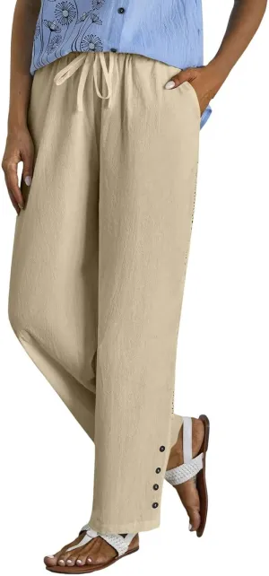 Drawstring Waist Linen Pants for Women Elastic Waistband Straight Leg Button Detailing Trouser Beach Boho Casual Pant