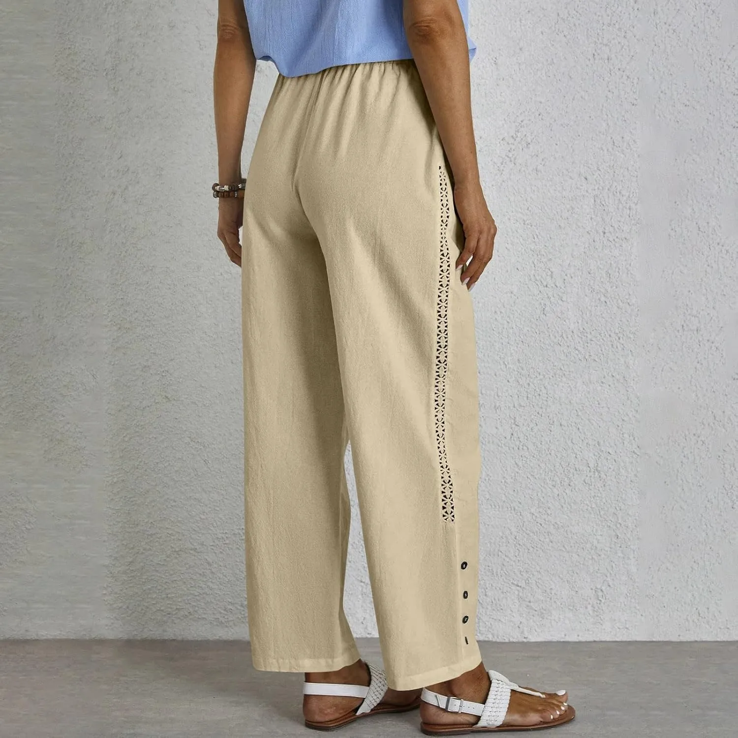 Drawstring Waist Linen Pants for Women Elastic Waistband Straight Leg Button Detailing Trouser Beach Boho Casual Pant