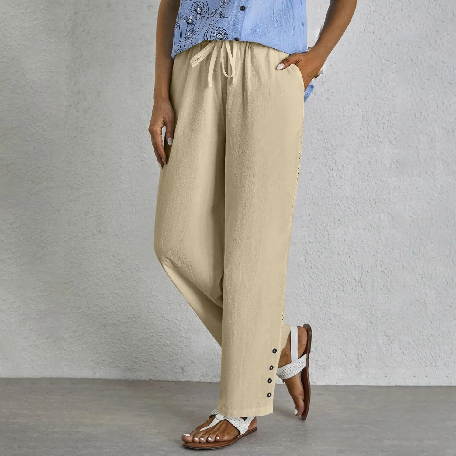 Drawstring Waist Linen Pants for Women Elastic Waistband Straight Leg Button Detailing Trouser Beach Boho Casual Pant