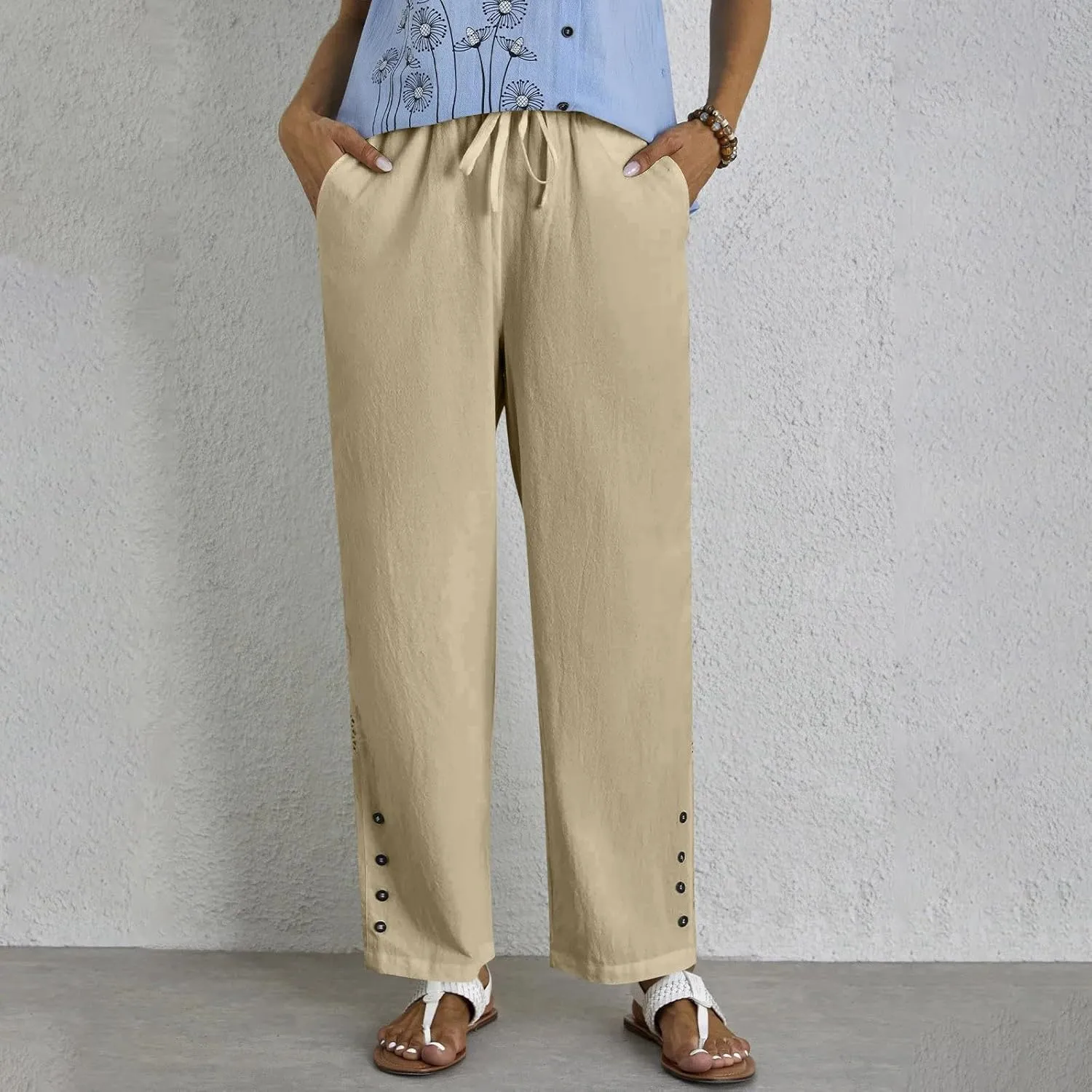 Drawstring Waist Linen Pants for Women Elastic Waistband Straight Leg Button Detailing Trouser Beach Boho Casual Pant