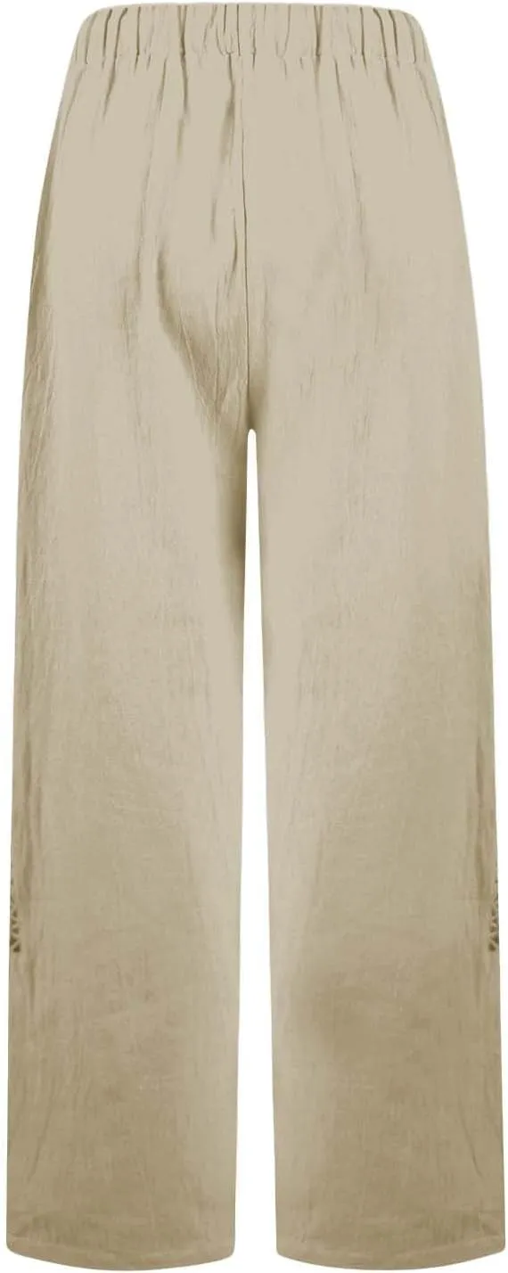 Drawstring Waist Linen Pants for Women Elastic Waistband Straight Leg Button Detailing Trouser Beach Boho Casual Pant