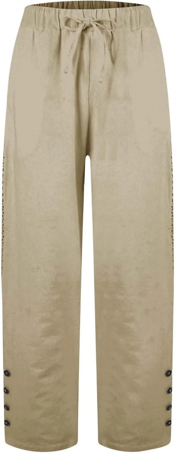 Drawstring Waist Linen Pants for Women Elastic Waistband Straight Leg Button Detailing Trouser Beach Boho Casual Pant