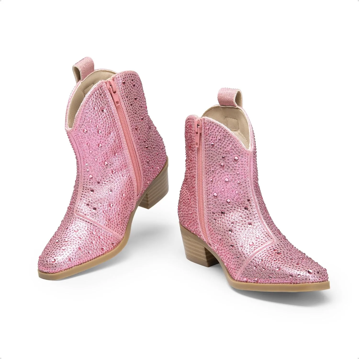 DREAM PAIRS Girls Cowgirl Cowboy Rhinestone Boots Ankle Low Heel Dress Booties