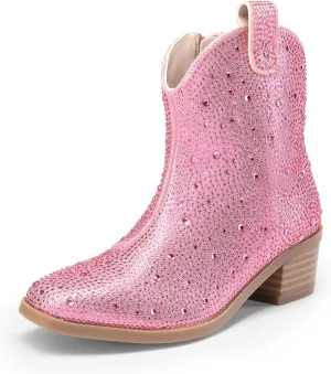 DREAM PAIRS Girls Cowgirl Cowboy Rhinestone Boots Ankle Low Heel Dress Booties