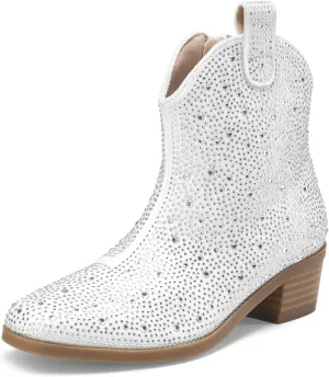 DREAM PAIRS Girls Cowgirl Cowboy Rhinestone Boots Ankle Low Heel Dress Booties