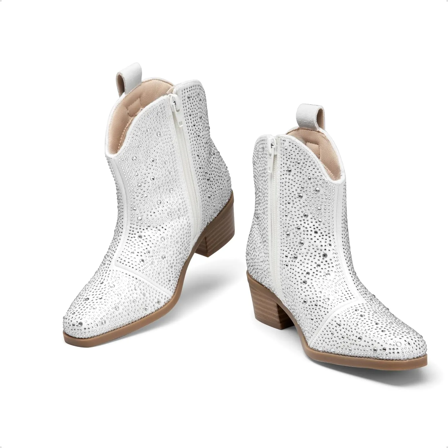 DREAM PAIRS Girls Cowgirl Cowboy Rhinestone Boots Ankle Low Heel Dress Booties