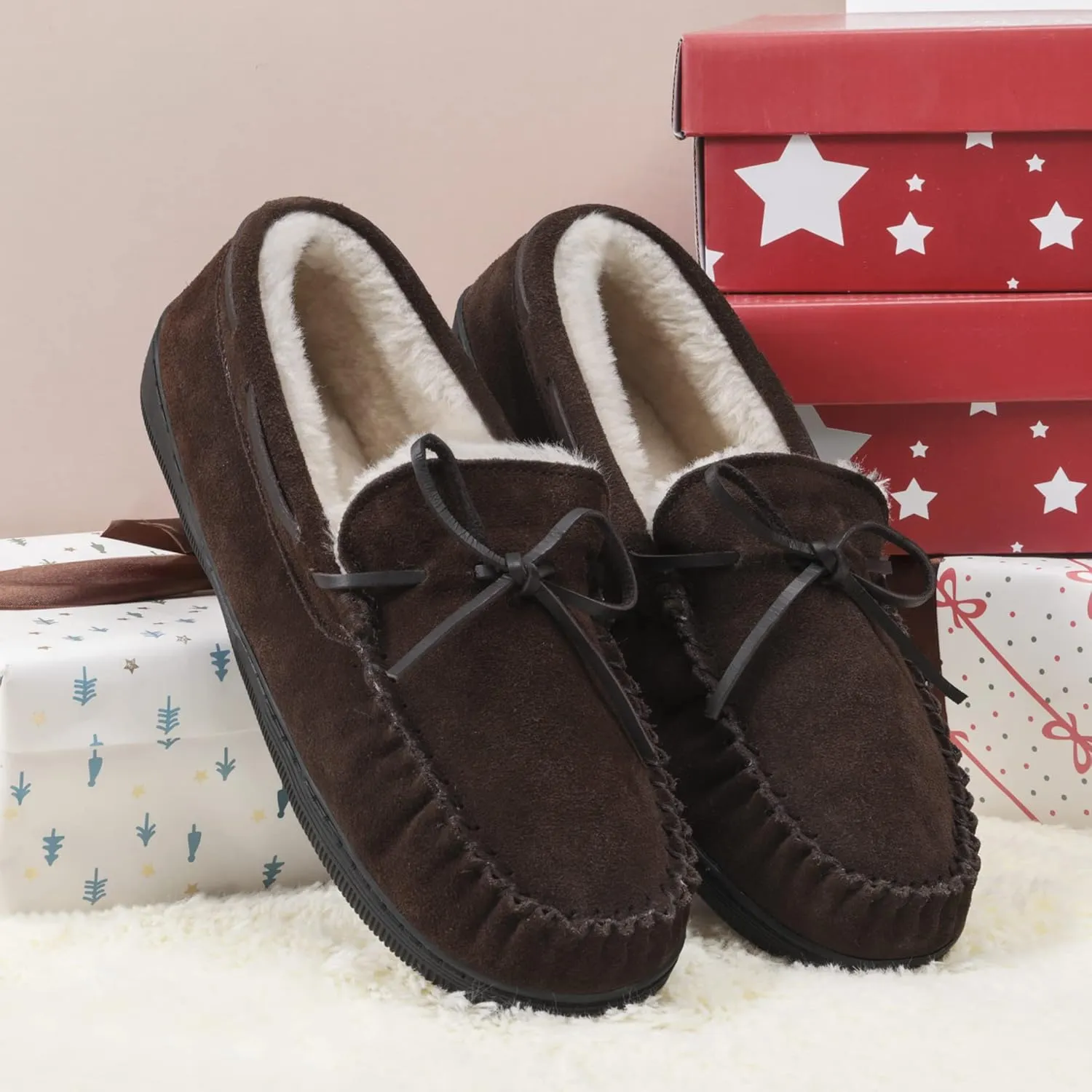 DREAM PAIRS Men's Moccasin Slippers Fuzzy Plush House Shoes Indoor Outdoor Fleece Lining Loafers