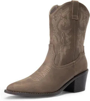 DREAM PAIRS Women's Cowboy Boots, Pointed Toe Chunky Heel Cowgirl Boots, Zipper Pull-On Stitched Western Boots Ankle Boots for Ladies