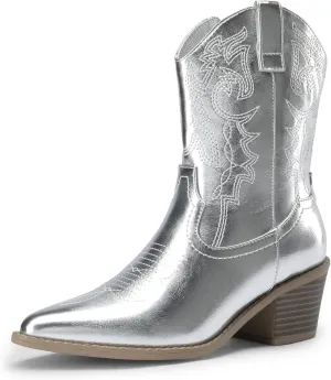 DREAM PAIRS Women's Cowboy Boots, Pointed Toe Chunky Heel Cowgirl Boots, Zipper Pull-On Stitched Western Boots Ankle Boots for Ladies