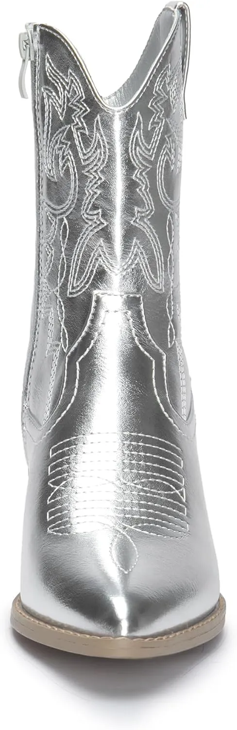 DREAM PAIRS Women's Cowboy Boots, Pointed Toe Chunky Heel Cowgirl Boots, Zipper Pull-On Stitched Western Boots Ankle Boots for Ladies
