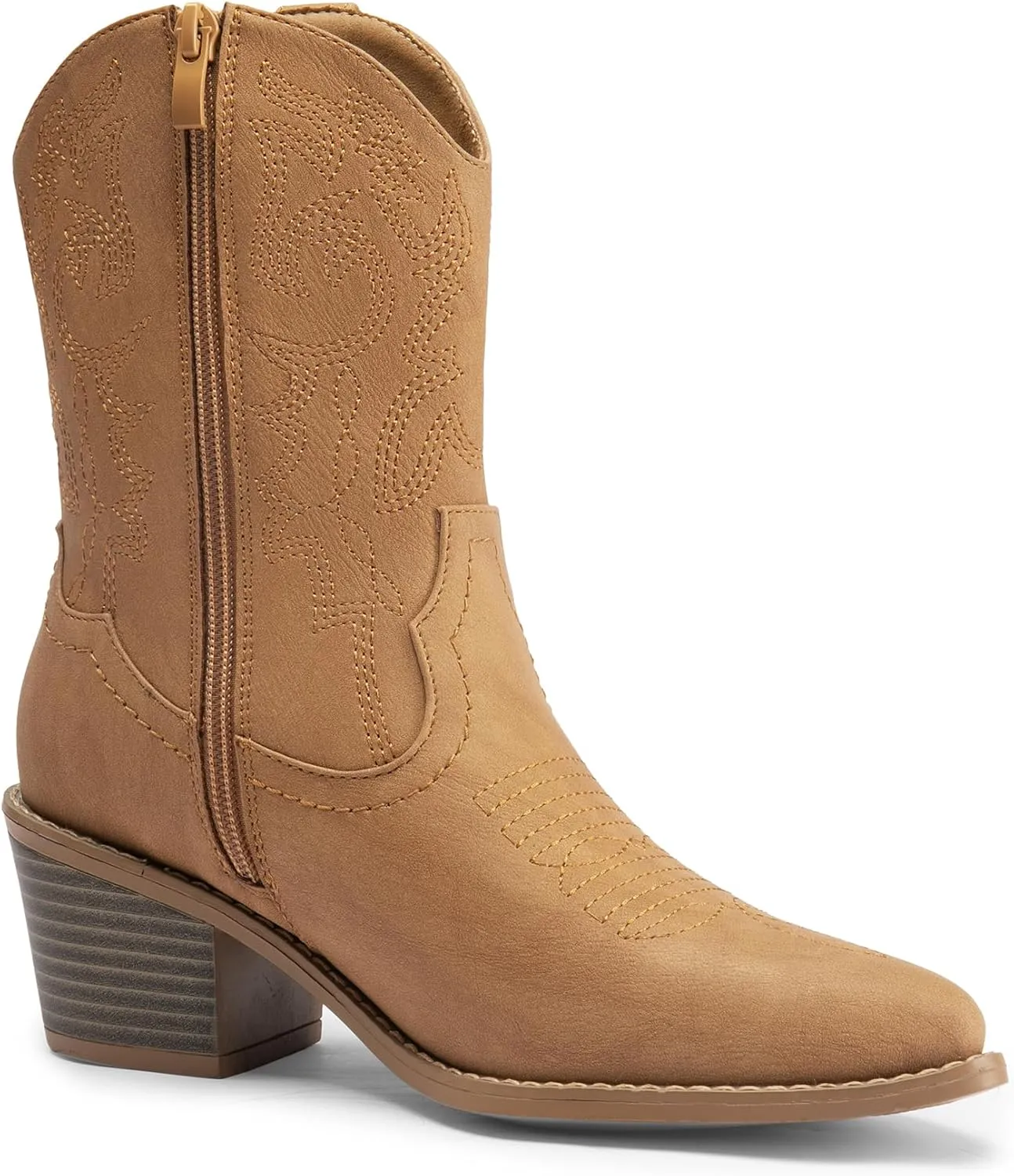 DREAM PAIRS Women's Cowboy Boots, Pointed Toe Chunky Heel Cowgirl Boots, Zipper Pull-On Stitched Western Boots Ankle Boots for Ladies