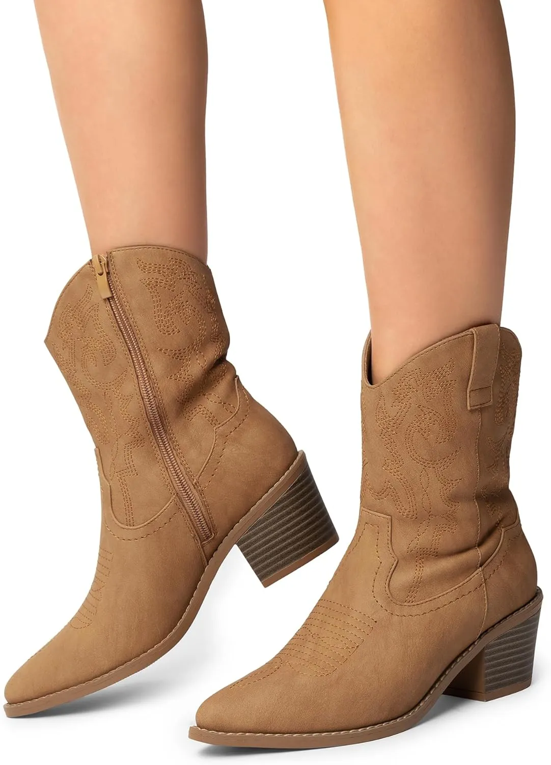 DREAM PAIRS Women's Cowboy Boots, Pointed Toe Chunky Heel Cowgirl Boots, Zipper Pull-On Stitched Western Boots Ankle Boots for Ladies
