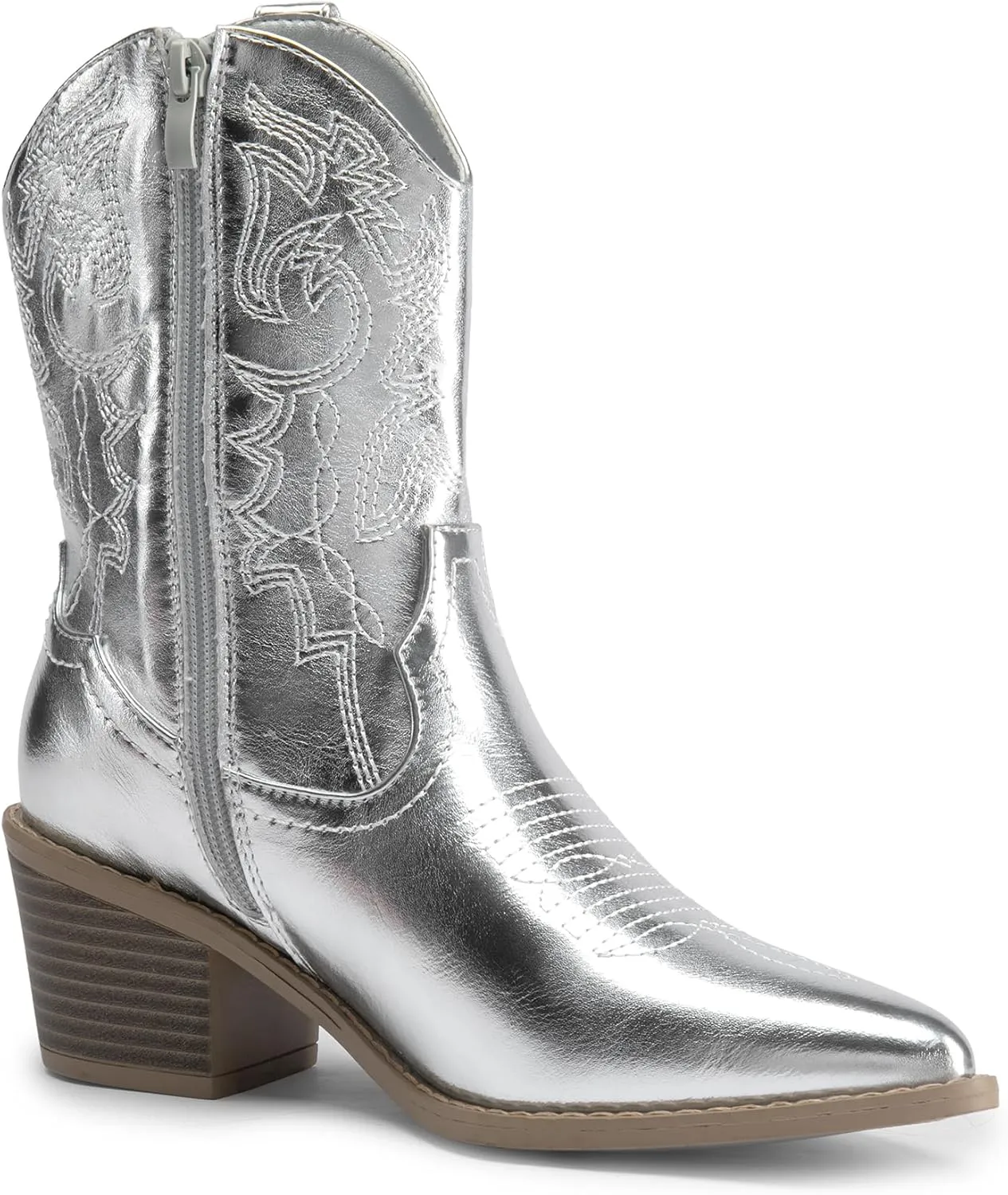 DREAM PAIRS Women's Cowboy Boots, Pointed Toe Chunky Heel Cowgirl Boots, Zipper Pull-On Stitched Western Boots Ankle Boots for Ladies