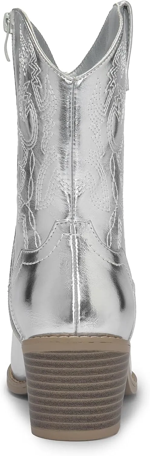 DREAM PAIRS Women's Cowboy Boots, Pointed Toe Chunky Heel Cowgirl Boots, Zipper Pull-On Stitched Western Boots Ankle Boots for Ladies