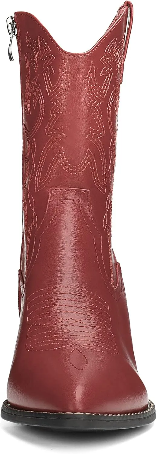 DREAM PAIRS Women's Cowboy Boots, Pointed Toe Chunky Heel Cowgirl Boots, Zipper Pull-On Stitched Western Boots Ankle Boots for Ladies
