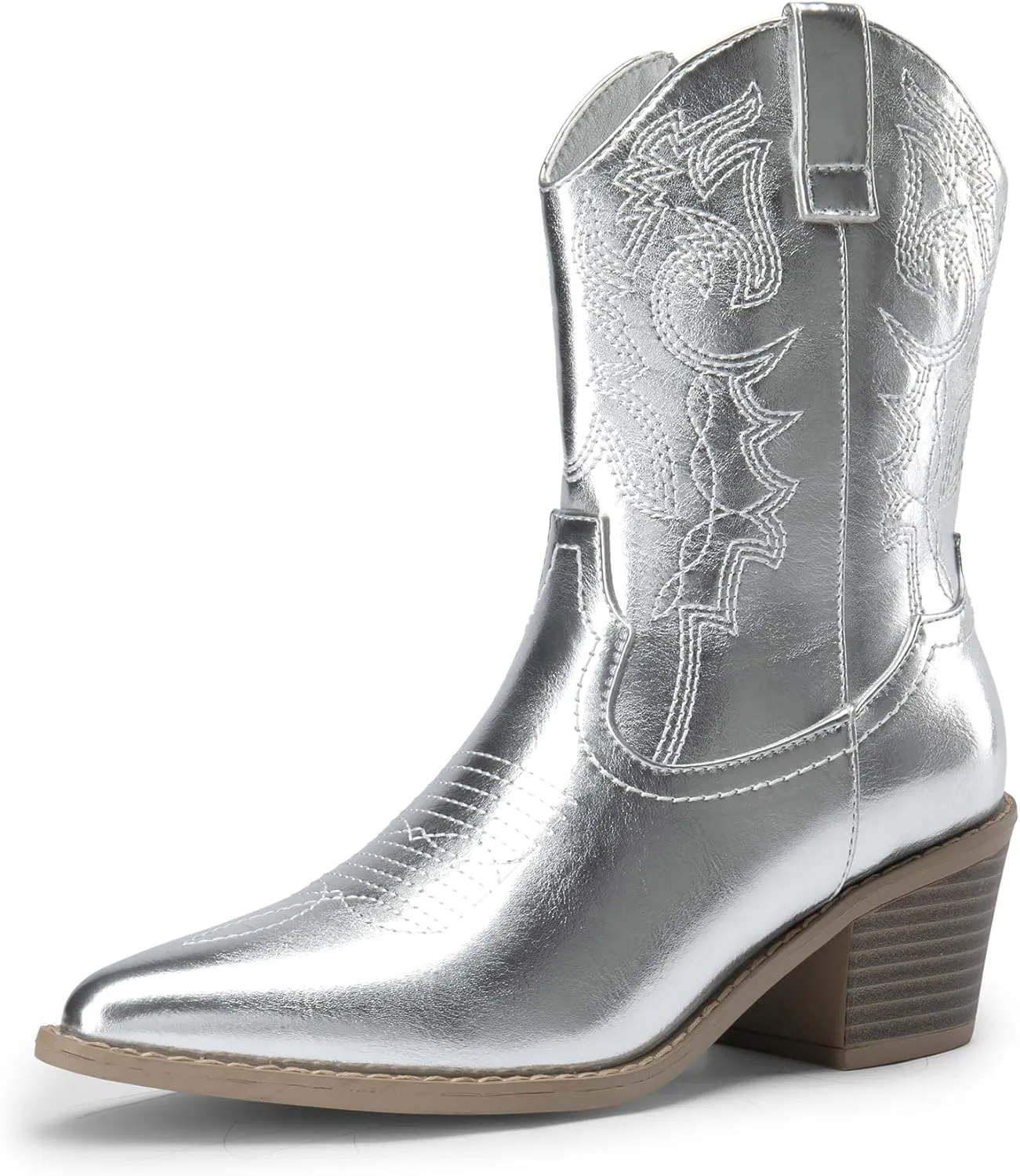 DREAM PAIRS Women's Cowboy Boots, Pointed Toe Chunky Heel Cowgirl Boots, Zipper Pull-On Stitched Western Boots Ankle Boots for Ladies