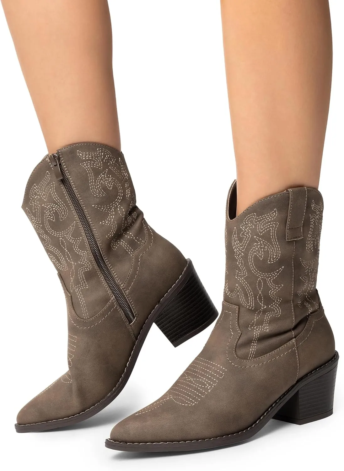 DREAM PAIRS Women's Cowboy Boots, Pointed Toe Chunky Heel Cowgirl Boots, Zipper Pull-On Stitched Western Boots Ankle Boots for Ladies