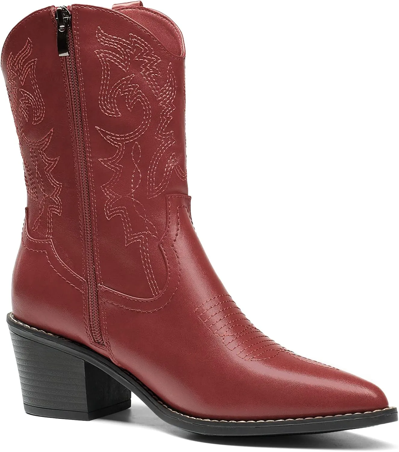 DREAM PAIRS Women's Cowboy Boots, Pointed Toe Chunky Heel Cowgirl Boots, Zipper Pull-On Stitched Western Boots Ankle Boots for Ladies