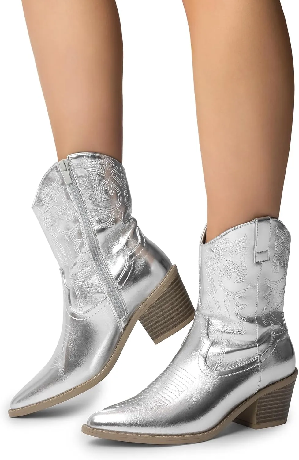 DREAM PAIRS Women's Cowboy Boots, Pointed Toe Chunky Heel Cowgirl Boots, Zipper Pull-On Stitched Western Boots Ankle Boots for Ladies