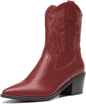 DREAM PAIRS Women's Cowboy Boots, Pointed Toe Chunky Heel Cowgirl Boots, Zipper Pull-On Stitched Western Boots Ankle Boots for Ladies