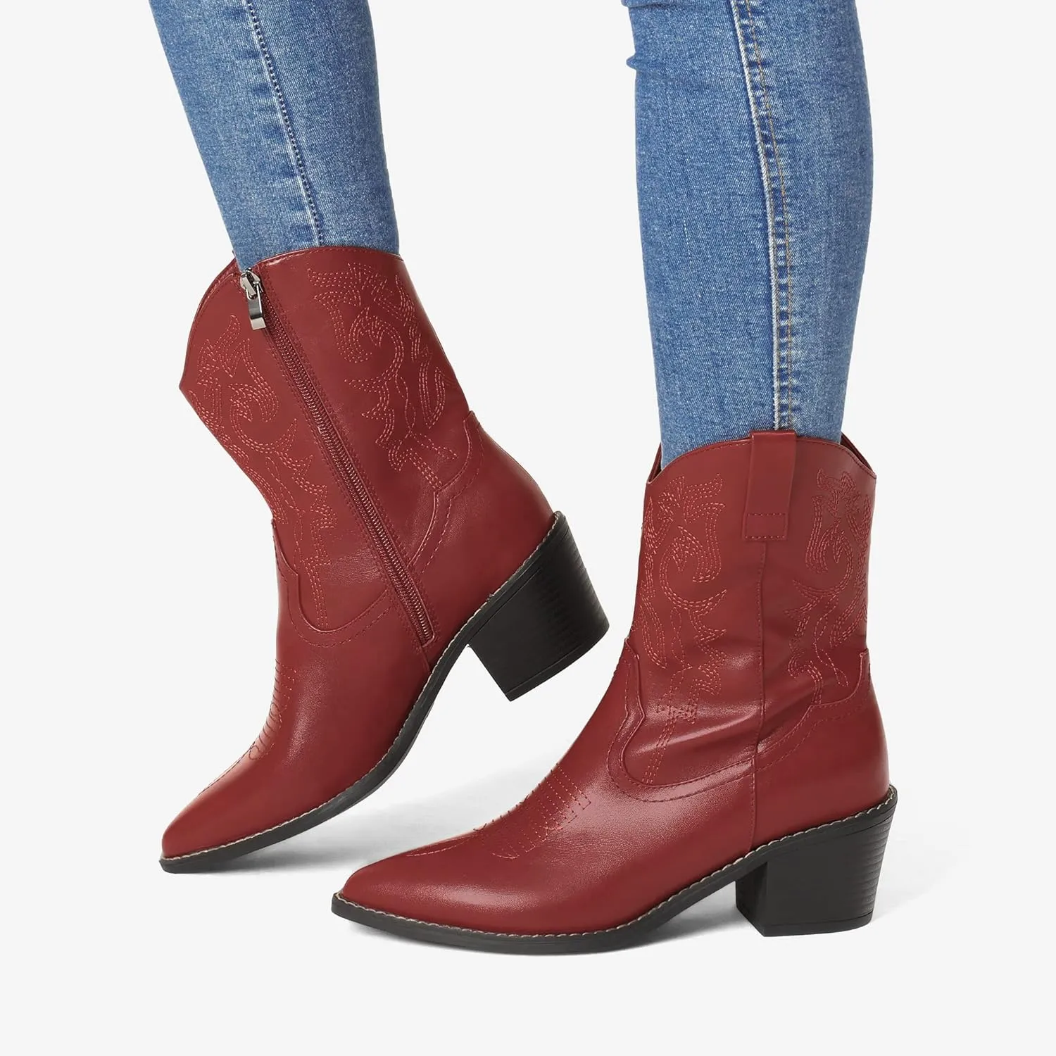 DREAM PAIRS Women's Cowboy Boots, Pointed Toe Chunky Heel Cowgirl Boots, Zipper Pull-On Stitched Western Boots Ankle Boots for Ladies