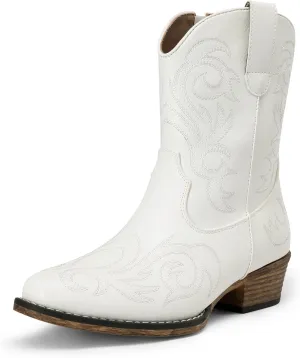 DREAM PAIRS Women's Cowboy Cowgirl Western Boots Embroidered Stitched Ankle Boots Square Toe Chunky Heel Fashion Short Booties with Zipper