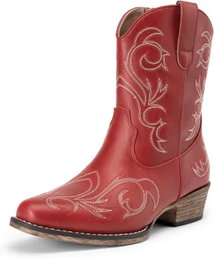 DREAM PAIRS Women's Cowboy Cowgirl Western Boots Embroidered Stitched Ankle Boots Square Toe Chunky Heel Fashion Short Booties with Zipper