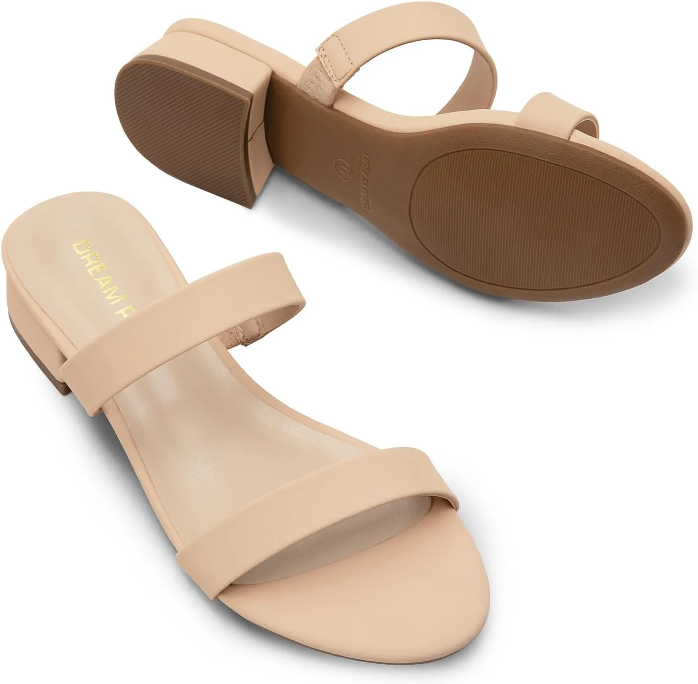 DREAM PAIRS Women's Slides Heels Slip On Low Block Sandals Two Strap Open Round Toe Chunky Casual Summer Mules Shoes