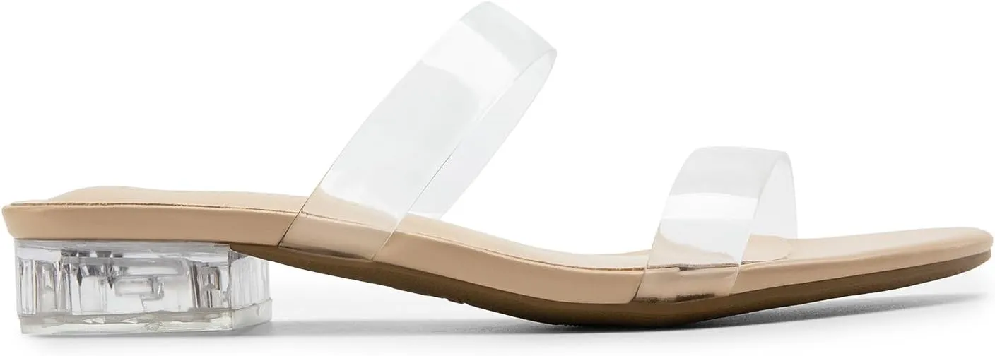 DREAM PAIRS Women's Slides Heels Slip On Low Block Sandals Two Strap Open Round Toe Chunky Casual Summer Mules Shoes