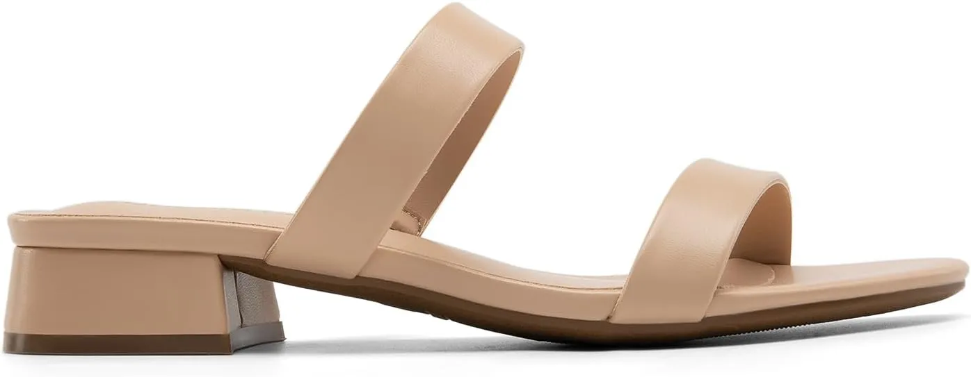 DREAM PAIRS Women's Slides Heels Slip On Low Block Sandals Two Strap Open Round Toe Chunky Casual Summer Mules Shoes