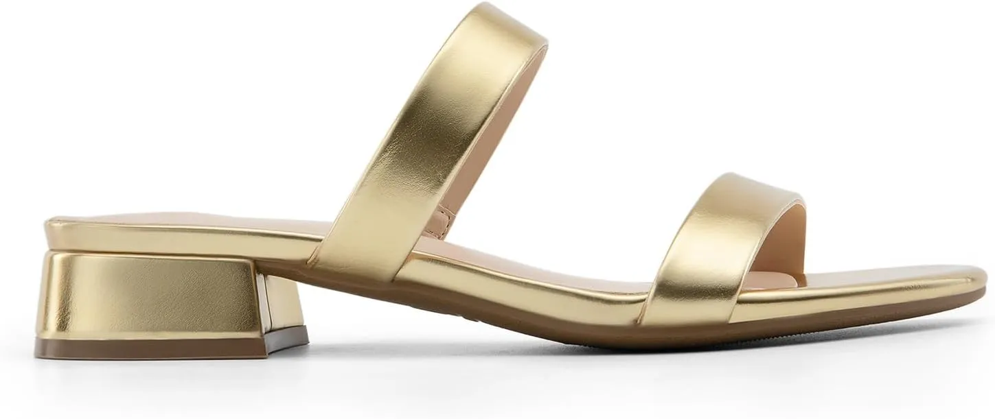 DREAM PAIRS Women's Slides Heels Slip On Low Block Sandals Two Strap Open Round Toe Chunky Casual Summer Mules Shoes
