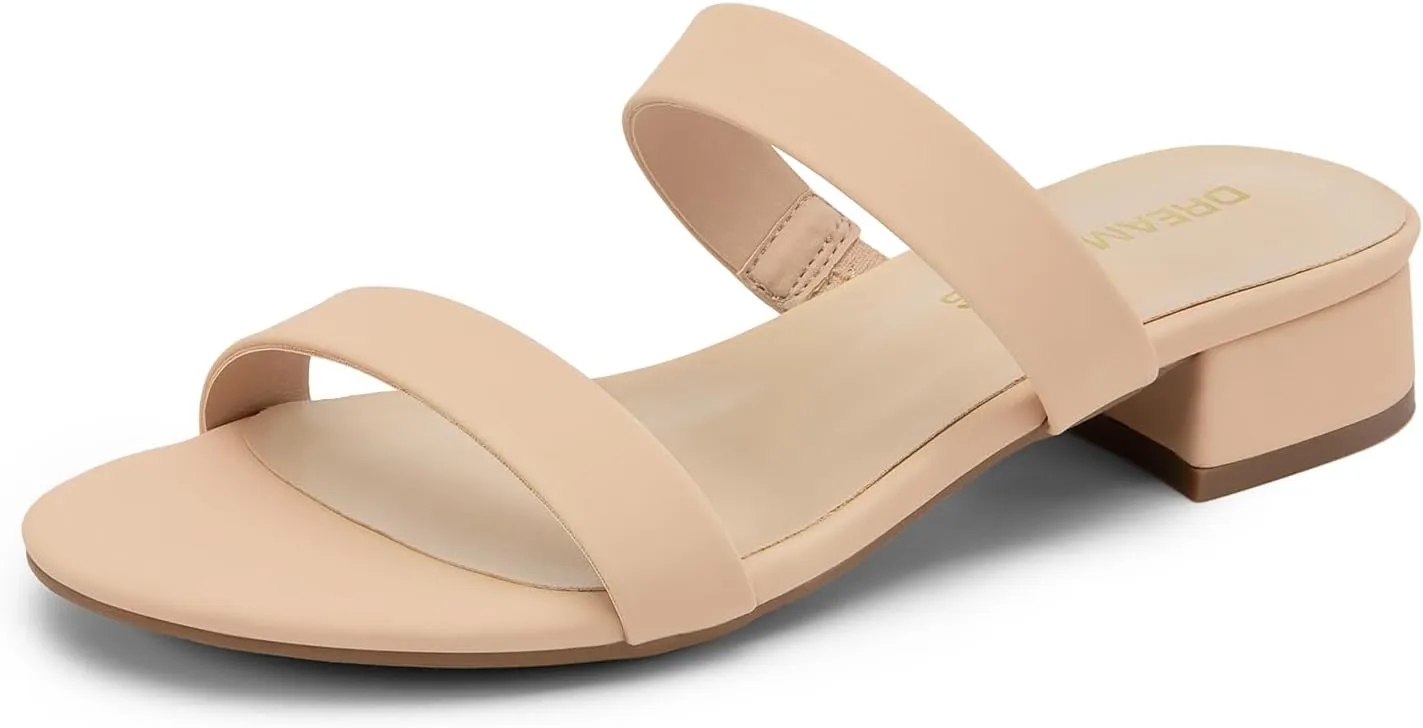 DREAM PAIRS Women's Slides Heels Slip On Low Block Sandals Two Strap Open Round Toe Chunky Casual Summer Mules Shoes