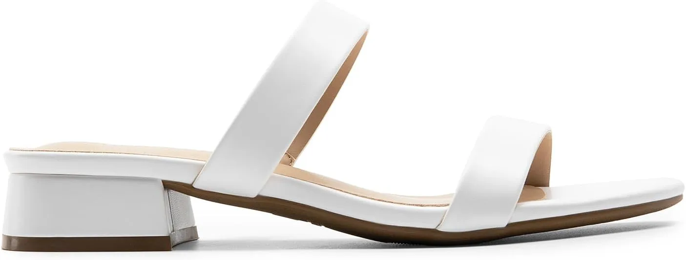 DREAM PAIRS Women's Slides Heels Slip On Low Block Sandals Two Strap Open Round Toe Chunky Casual Summer Mules Shoes