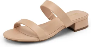 DREAM PAIRS Women's Slides Heels Slip On Low Block Sandals Two Strap Open Round Toe Chunky Casual Summer Mules Shoes