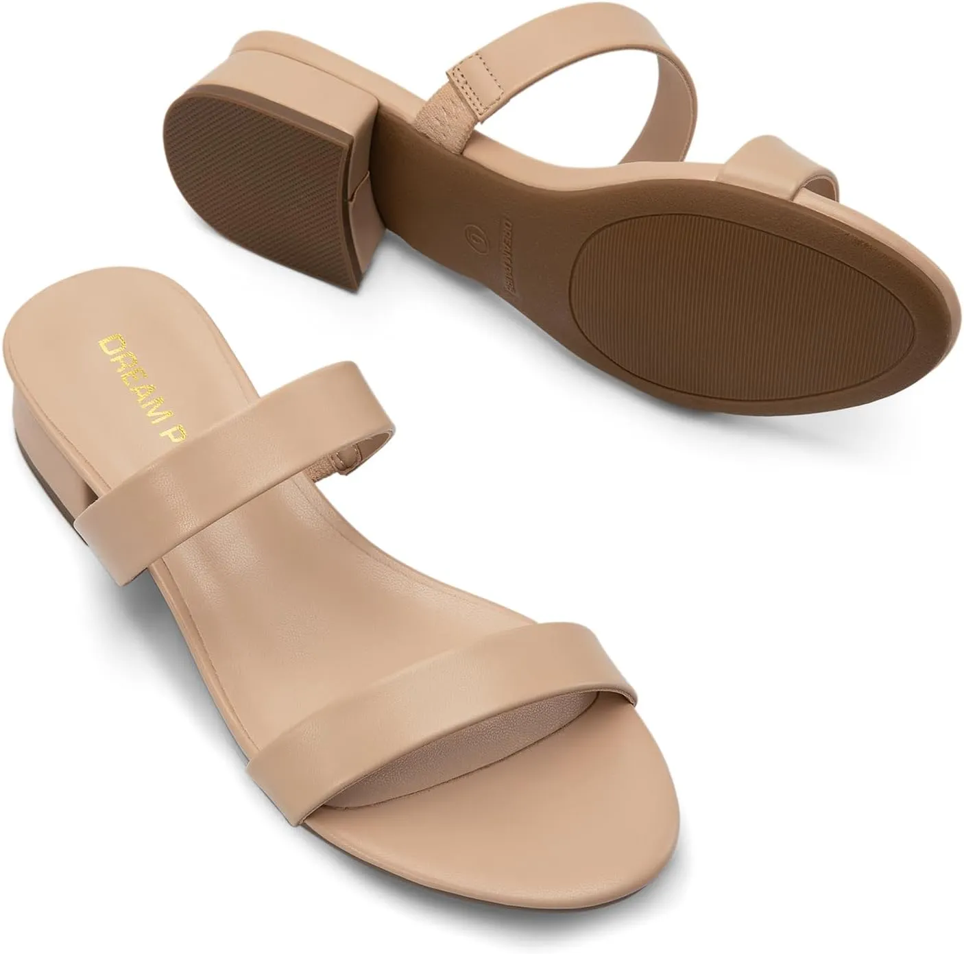 DREAM PAIRS Women's Slides Heels Slip On Low Block Sandals Two Strap Open Round Toe Chunky Casual Summer Mules Shoes