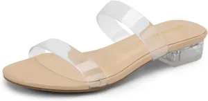 DREAM PAIRS Women's Slides Heels Slip On Low Block Sandals Two Strap Open Round Toe Chunky Casual Summer Mules Shoes